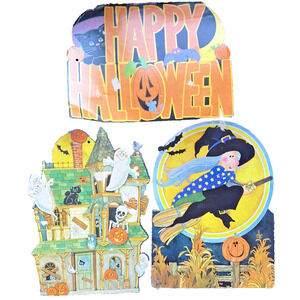 Vintage Halloween Die Cut Posters Eureka USA Witches Ghosts Haunted House Decor